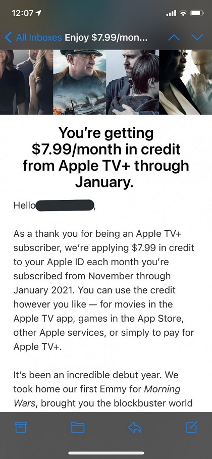 苹果开始向Apple TV+用户发放月度礼金 每月4.99美元至明年1月