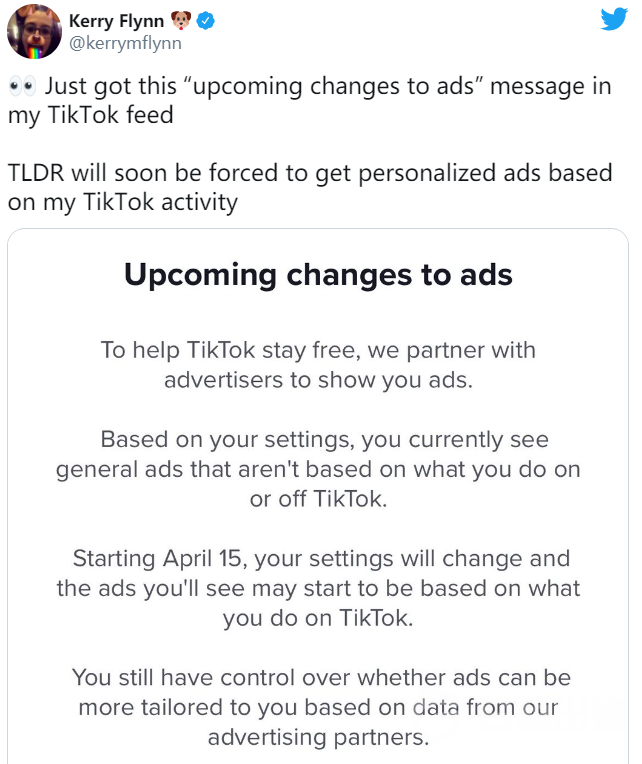 商业化再进一步，4月15日起TikTok将自动向海外用户推送个性化广告