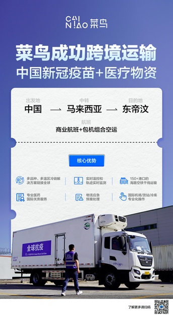 中国新冠疫苗“专属包机”抵达东帝汶 菜鸟国际医药冷链保驾护航