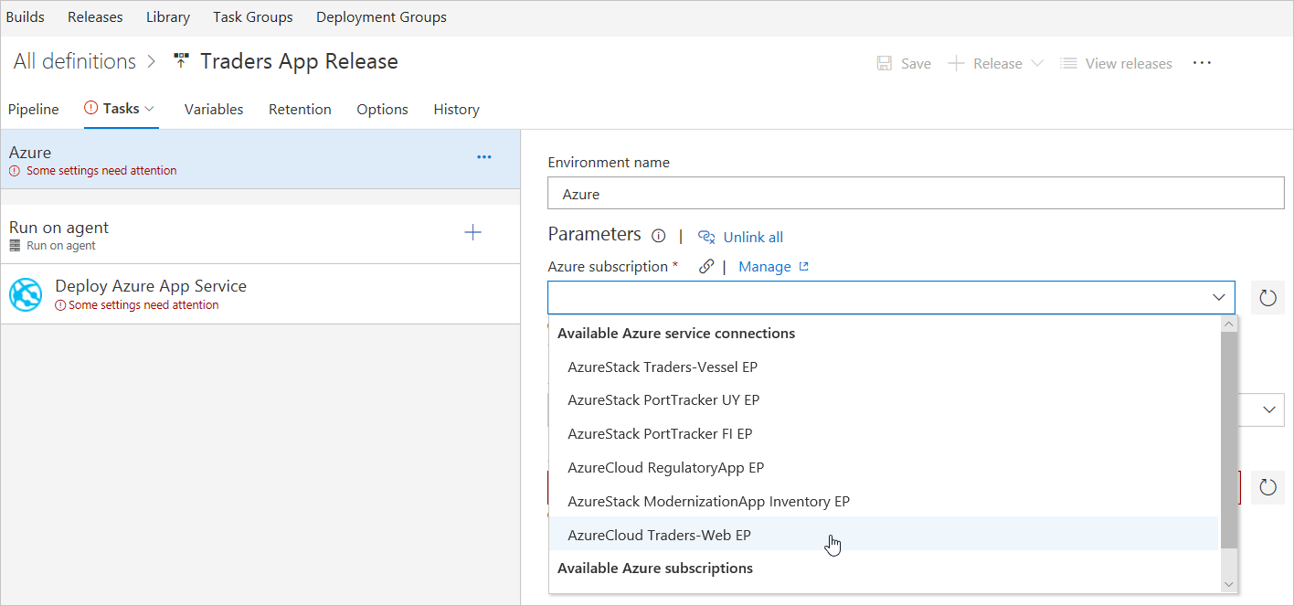 选择 Azure 云终结点的 Azure 订阅