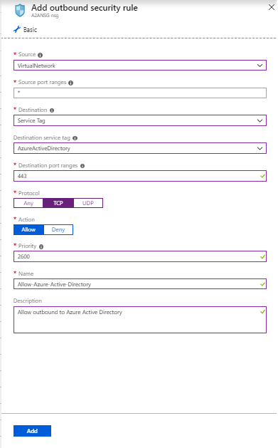 屏幕截图，其中显示了“为 Azure A D 的网络安全组添加出站安全规则”。