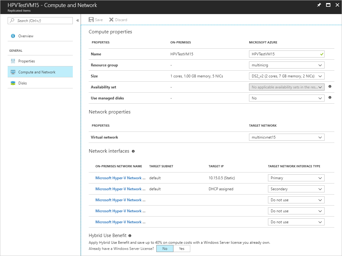 管理用于本地到 Azure 灾难恢复的 VM 网络接口