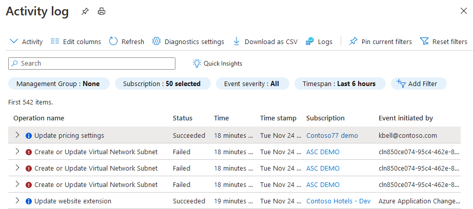 显示定价更改事件的 Azure 活动日志。