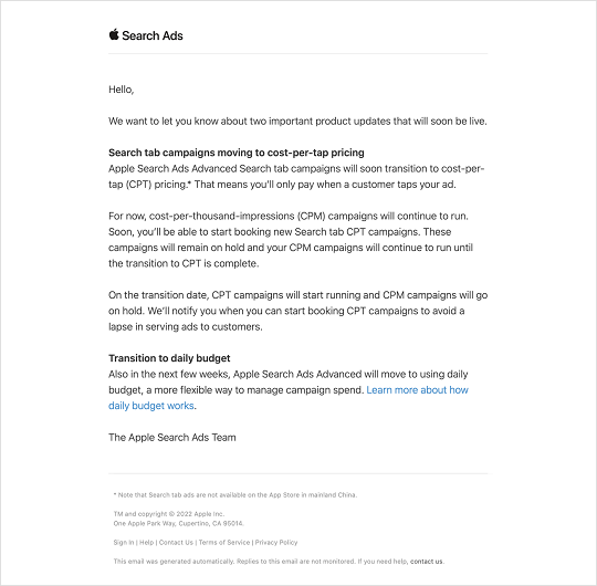 Apple Ads Advanced将使用每日预算管理花费，Search Tab将改用CPT定价模式