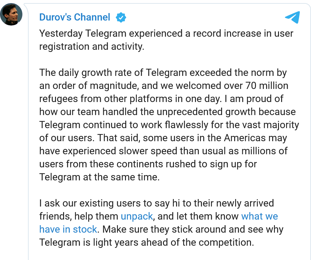 Telegram用户在Facebook宕机当天新增7000万名