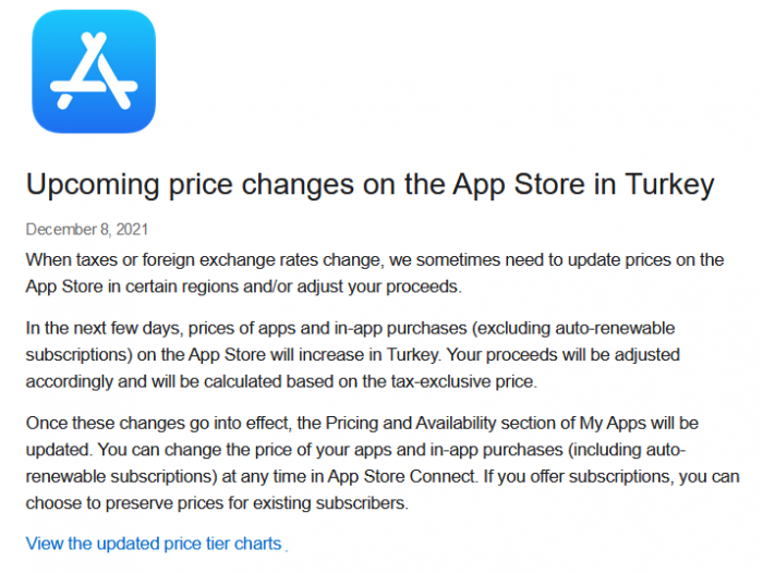 苹果公司提高App Store土耳其区域的应用和内购基础价格