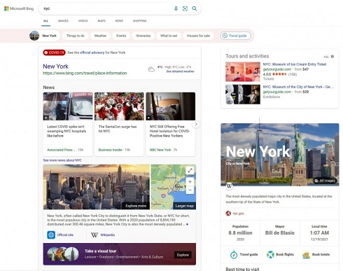 微软宣布在Bing上推出新的旅游体验功能
