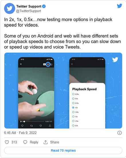 Twitter正在测试Android设备和网页版的可调视频播放速度选项