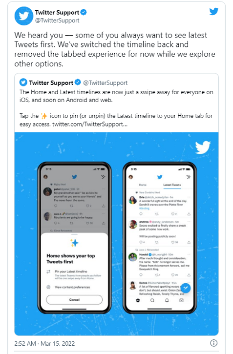 Twitter放弃标签式时间线，用户将获得他们的“最新-推文-优先”feed