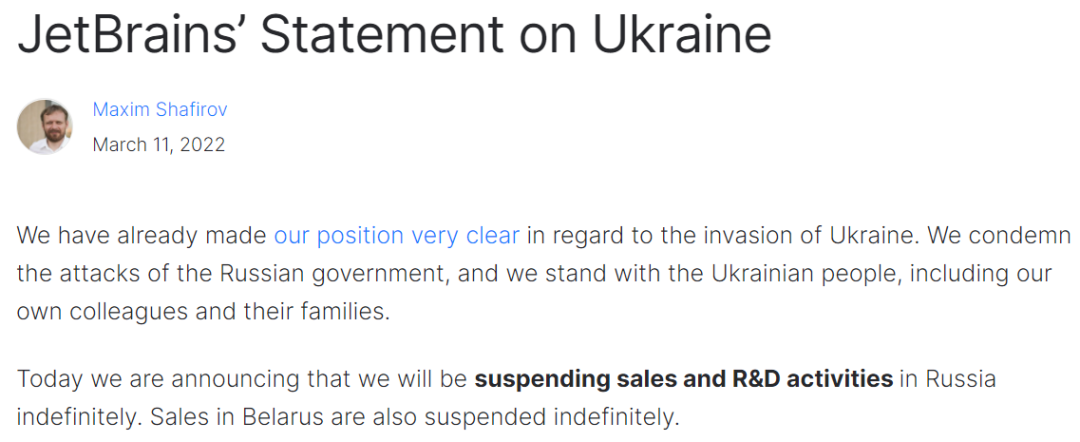 JetBrains：无限期暂停在俄罗斯的销售和研发活动；Gitlab：暂停在俄新业务