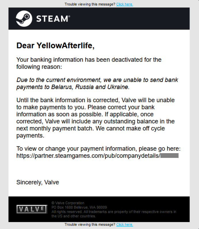 Steam：当前环境影响，已暂停向乌克兰、俄罗斯、白俄罗斯的游戏开发商发行商付款