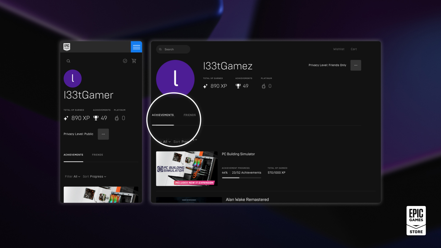 Epic游戏商城“成就”界面已上线，可查看自己和好友的成就