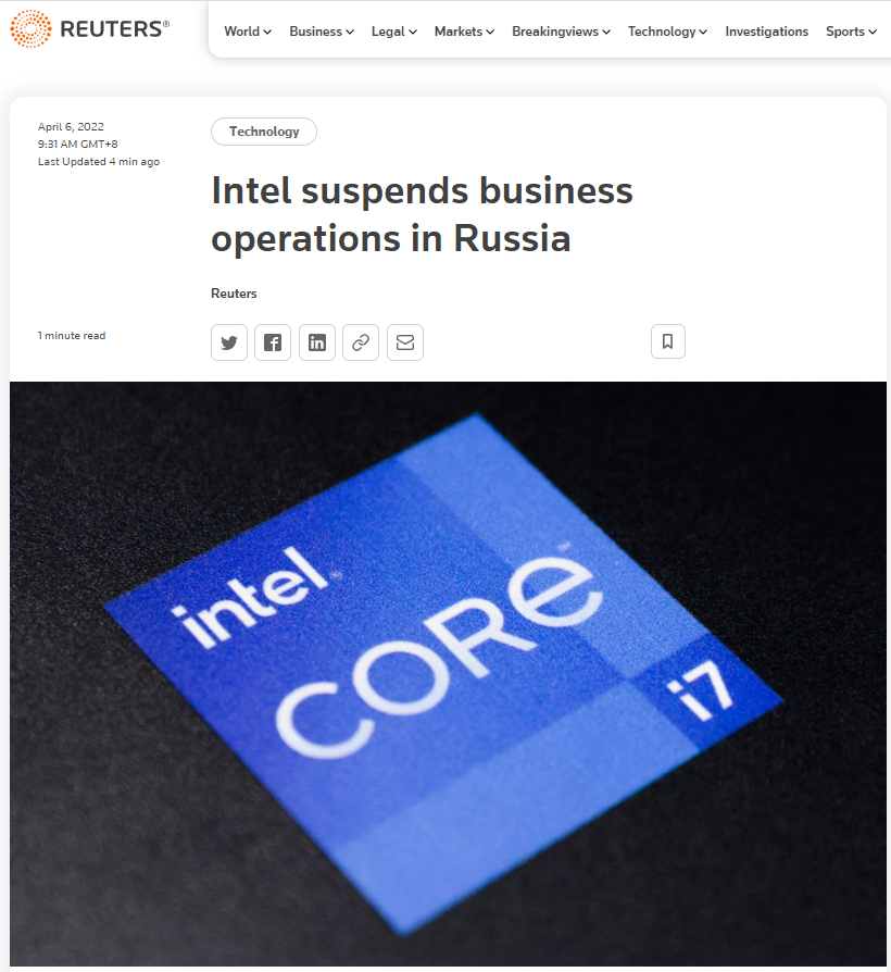英特尔暂停在俄罗斯的所有业务运营