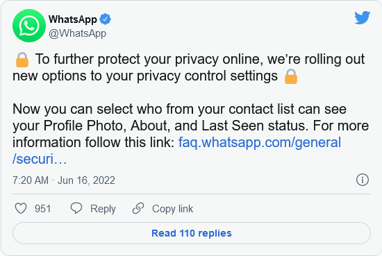 WhatsApp面向所有用户提供增强隐私功能，包括上线时间、个人照片和状态
