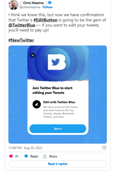 Twitter终于推出推文编辑功能，但目前仅限于Twitter Blue用户