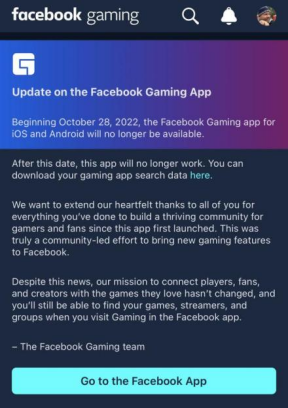 运营两年后，Facebook Gaming移动应用将关停