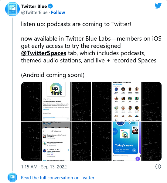 Twitter开始向蓝色订阅者推出播客服务