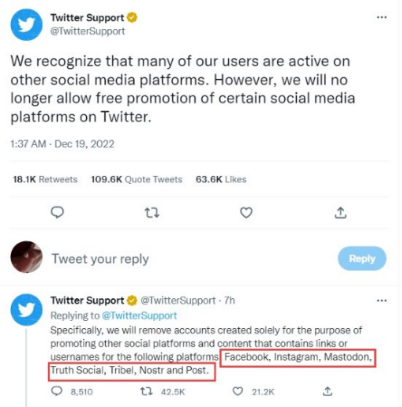 不再允许免费推广其他社媒？推特新规则遭群嘲后当天取消
