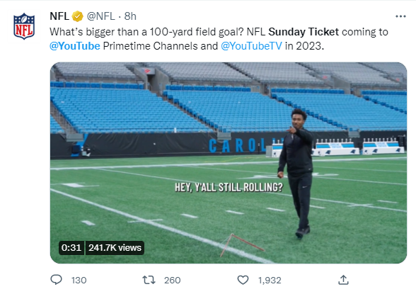 NFL“周日门票”明年转播权花落谷歌旗下YouTube