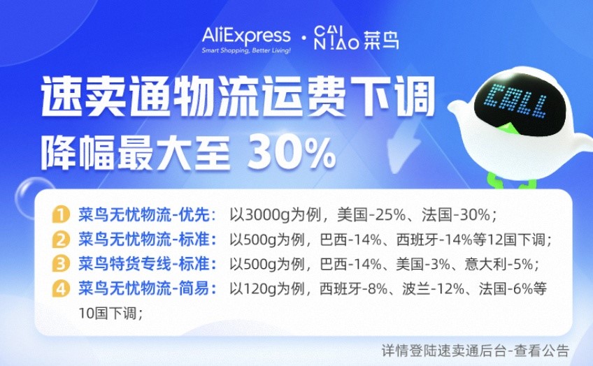 中国假发销到法国物流最多省下20元，菜鸟速卖通无忧物流部分降价